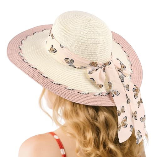 Kunyeah Frauen breite Krempe Strohhut Bogen Schmetterling Floppy faltbar Sonne Visier Hut Mädchen Sommer Boho Strand Kappe für Urlaub Reisen von Kunyeah