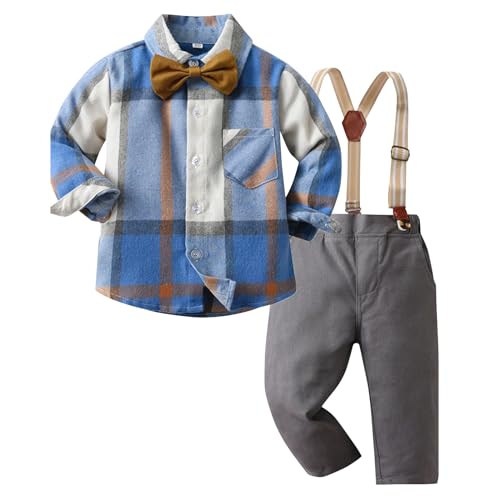 Kunyeah Junge Gentleman Plaid Outfits Kleinkind Langarm-Shirt mit Schleife Krawatten Hosenträger Hosen Kind Kleid Anzug für 1-6 Jahre von Kunyeah