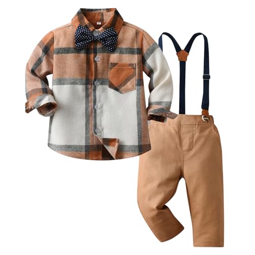 Kunyeah Junge Gentleman Plaid Outfits Kleinkind Langarm-Shirt mit Schleife Krawatten Hosenträger Hosen Kind Kleid Anzug für 1-6 Jahre von Kunyeah