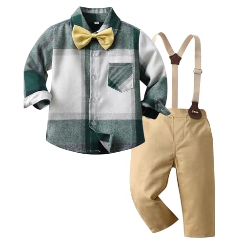Kunyeah Junge Gentleman Plaid Outfits Kleinkind Langarm-Shirt mit Schleife Krawatten Hosenträger Hosen Kind Kleid Anzug für 1-6 Jahre von Kunyeah
