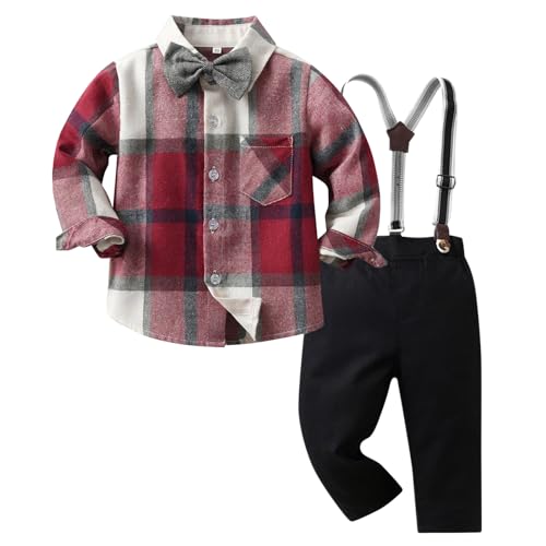 Kunyeah Junge Gentleman Plaid Outfits Kleinkind Langarm-Shirt mit Schleife Krawatten Hosenträger Hosen Kind Kleid Anzug für 1-6 Jahre von Kunyeah