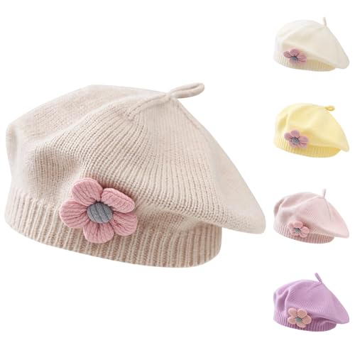 Kunyeah Kleine Mädchen Beret Hut Winter Warm Beanie Cap Kleinkind Französisch Stil Strickmütze Baby Niedliche Blume Berets von Kunyeah