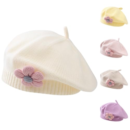 Kunyeah Kleine Mädchen Beret Hut Winter Warm Beanie Cap Kleinkind Französisch Stil Strickmütze Baby Niedliche Blume Berets von Kunyeah