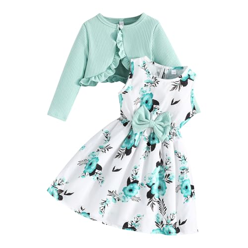 Kunyeah Kleinkind Mädchen Kleid mit Strickjacke Set Kleines Mädchen Blumen ärmelloses Kleid Rüschenmantel Baby Langarm Outfit von Kunyeah