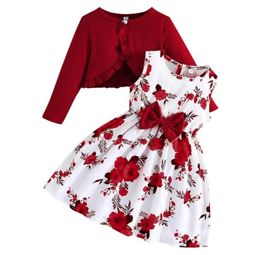 Kunyeah Kleinkind Mädchen Kleid mit Strickjacke Set Kleines Mädchen Blumen ärmelloses Kleid Rüschenmantel Baby Langarm Outfit von Kunyeah