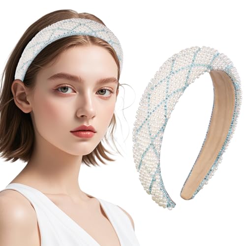 Kunyeah Perlenstirnbänder für Frauen Mädchen Strass Haarreif Dick gepolstert Brautstirnband Glitter Perlen Haarband Kristall Haarteil Mädchen Haarschmuck (Blau, 3 * 12 * 15cm) von Kunyeah