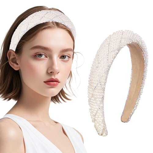 Kunyeah Perlenstirnbänder für Frauen Mädchen Strass Haarreif Dick gepolstert Brautstirnband Glitter Perlen Haarband Kristall Haarteil Mädchen Haarschmuck (Farbig, 3 * 12 * 15cm) von Kunyeah