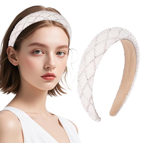 Kunyeah Perlenstirnbänder für Frauen Mädchen Strass Haarreif Dick gepolstert Brautstirnband Glitter Perlen Haarband Kristall Haarteil Mädchen Haarschmuck (Weiß, 3 * 12 * 15cm) von Kunyeah