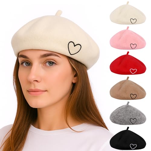 Kunyeah Wolle Barett Hut für Frauen Baby Französisch Stil Beanie Hut weich Bestickt Herz warme Mütze Mutter Tochter Matching Hüte von Kunyeah