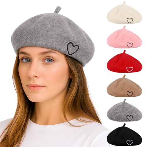 Kunyeah Wolle Barett Hut für Frauen Baby Französisch Stil Beanie Hut weich Bestickt Herz warme Mütze Mutter Tochter Matching Hüte von Kunyeah
