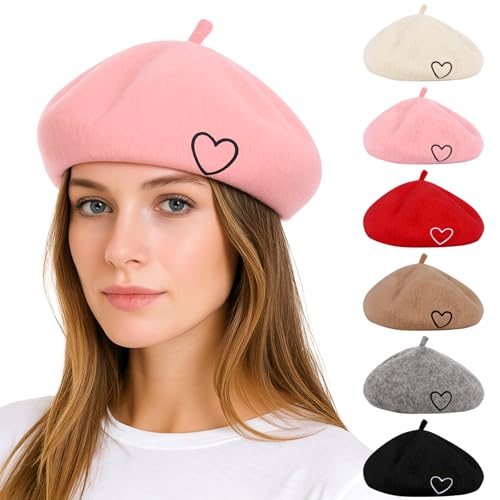 Kunyeah Wolle Barett Hut für Frauen Baby Französisch Stil Beanie Hut weich Bestickt Herz warme Mütze Mutter Tochter Matching Hüte von Kunyeah