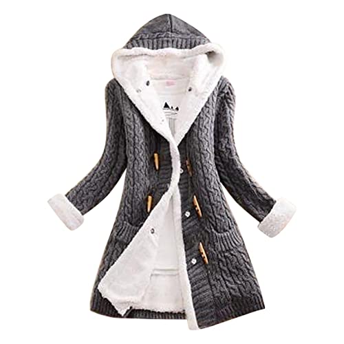 Kuokuo Strickjacke Damen Lang Dufflecoat Jacke mit Kapuzen Winter Warm Grobstrick Cardigan Kapuzenjacken Strickcardigan Fleecejacke Gefüttert Outdoorjacke Casual Mantel von Kuokuo