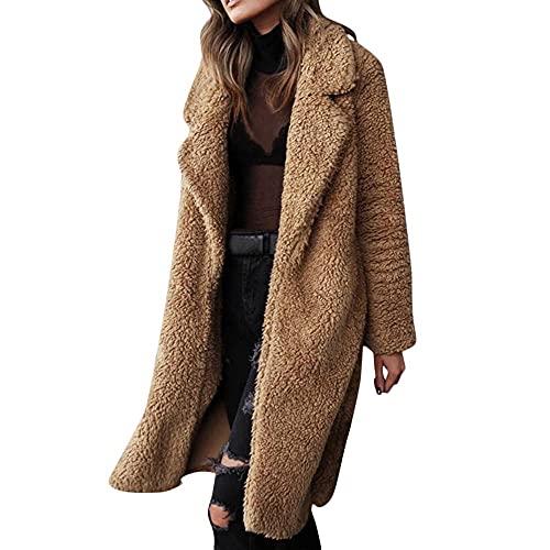 Mantel Damen Revers Faux Wolle Winter Warm Lose Langarm Jacke Outwear Einfarbig Offene Cardigan Lang Winterjacke Frauen Mode Teddy-Fleece Coat Elegant Warm Fellmantel Wintermantel Parka Trenchcoat von Kuokuo