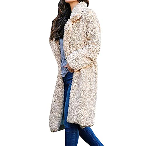 Mantel Damen Revers Faux Wolle Winter Warm Lose Langarm Jacke Outwear Einfarbig Offene Cardigan Lang Winterjacke Frauen Mode Teddy-Fleece Coat Elegant Warm Fellmantel Wintermantel Parka Trenchcoat von Kuokuo