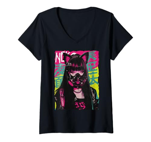 Damen Japan Streetwear Cyberpunk Y2K Techwear Neko Manga Anime T-Shirt mit V-Ausschnitt von KuraCore / ANIME MERCH KAWAII AESTHETIC HARAJUKU