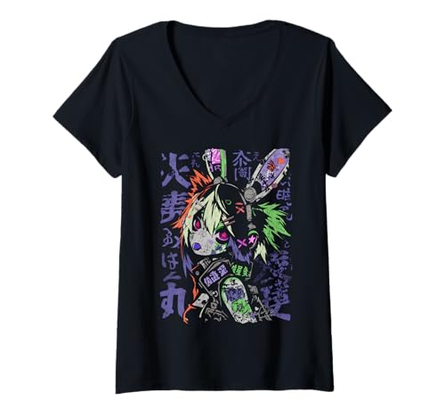 Damen Japan Streetwear Cyberpunk Y2K Techwear Retro Manga Anime T-Shirt mit V-Ausschnitt von KuraCore / ANIME MERCH KAWAII AESTHETIC HARAJUKU
