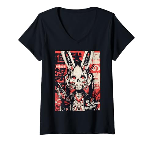 Damen Japan Streetwear Cyberpunk Y2K Techwear Retro Manga Anime T-Shirt mit V-Ausschnitt von KuraCore / ANIME MERCH KAWAII AESTHETIC HARAJUKU