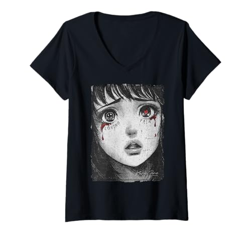 Damen Japan Streetwear Cyberpunk Y2K Techwear Retro Manga Anime T-Shirt mit V-Ausschnitt von KuraCore / ANIME MERCH KAWAII AESTHETIC HARAJUKU