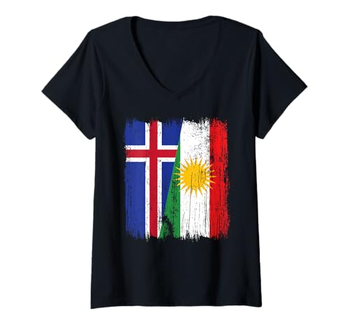 Damen Island Kurdistan Halbflagge Isländisch Kurdisch Trikot T-Shirt mit V-Ausschnitt von Kurdistan Flag Biji Kurdistan Proud Kurdish Roots