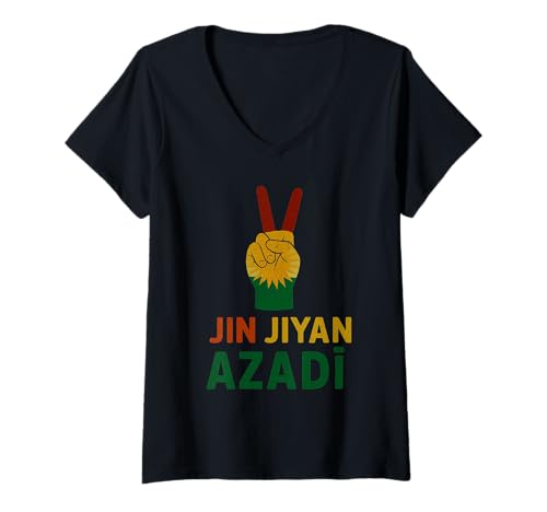 Damen Jin Jiyan Azadi Women Life Freedom Kurdische Frauen Slogan T-Shirt mit V-Ausschnitt von Kurdistan Flag Biji Kurdistan Proud Kurdish Roots