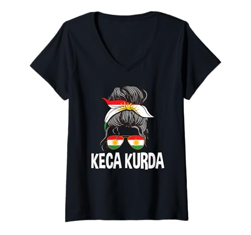 Damen Keca Kurda Kurdisches Mädchen Unordentlicher Haarknoten Kurdistan Frau Stolz T-Shirt mit V-Ausschnitt Damen Keca Kurda Kurdisches Mädchen Unordentlicher Haarknoten Kurdistan Frau Stolz T-Shirt mit V-Ausschnitt von Kurdistan Flag Biji Kurdistan Proud Kurdish Roots