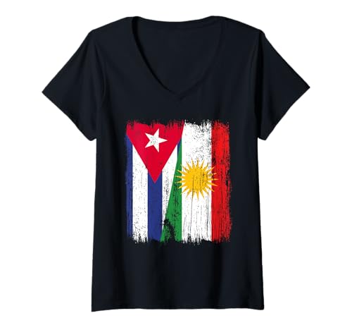 Damen Kuba Kurdistan Halbflagge Cuban Kurdish Heritage Jersey T-Shirt mit V-Ausschnitt von Kurdistan Flag Biji Kurdistan Proud Kurdish Roots