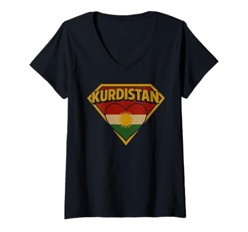 Damen Kurdischer Superheld, Super Kurdistan Design T-Shirt mit V-Ausschnitt Damen Kurdischer Superheld, Super Kurdistan Design T-Shirt mit V-Ausschnitt von Kurdistan Flag Biji Kurdistan Proud Kurdish Roots