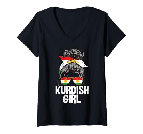 Damen Kurdisches Mädchen, unordentliches Haarknoten, stolz, kurdistanische Frau T-Shirt mit V-Ausschnitt Damen Kurdisches Mädchen, unordentliches Haarknoten, stolz, kurdistanische Frau T-Shirt mit V-Ausschnitt von Kurdistan Flag Biji Kurdistan Proud Kurdish Roots