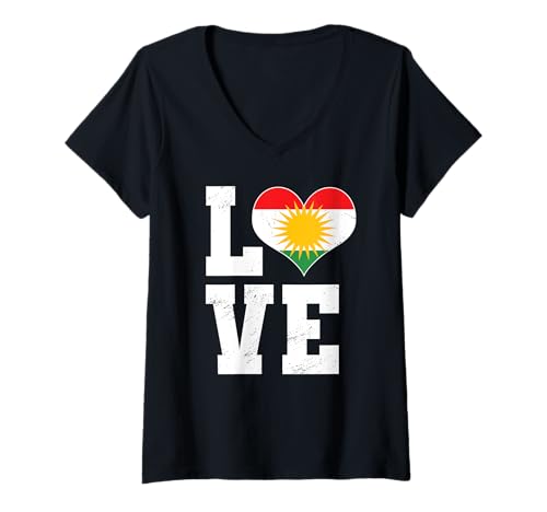 Damen Love Kurdistan Patriotische kurdische Flagge Herz Rojava Lover T-Shirt mit V-Ausschnitt Damen Love Kurdistan Patriotische kurdische Flagge Herz Rojava Lover T-Shirt mit V-Ausschnitt von Kurdistan Flag Biji Kurdistan Proud Kurdish Roots