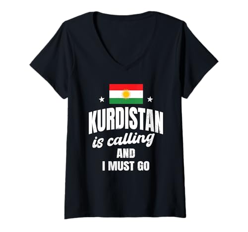 Damen Lustiges Kurdistan Is Calling Design Kurdische Reisebekleidung T-Shirt mit V-Ausschnitt von Kurdistan Flag Biji Kurdistan Proud Kurdish Roots