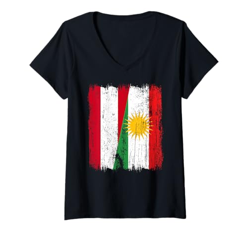 Damen Österreich Kurdistan Halbflagge Österreichisches Kurdisches Trikot T-Shirt mit V-Ausschnitt von Kurdistan Flag Biji Kurdistan Proud Kurdish Roots