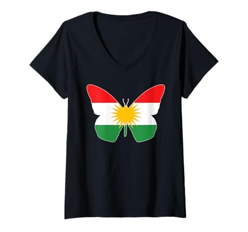 Damen Patriotischer kurdischer Schmetterlingskopf, kurdische Freiheit T-Shirt mit V-Ausschnitt Damen Patriotischer kurdischer Schmetterlingskopf, kurdische Freiheit T-Shirt mit V-Ausschnitt von Kurdistan Flag Biji Kurdistan Proud Kurdish Roots