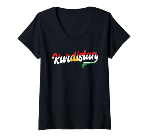 Damen Retro Kurdistan Schrift Design Kurdische Flagge Typografie T-Shirt mit V-Ausschnitt von Kurdistan Flag Biji Kurdistan Proud Kurdish Roots