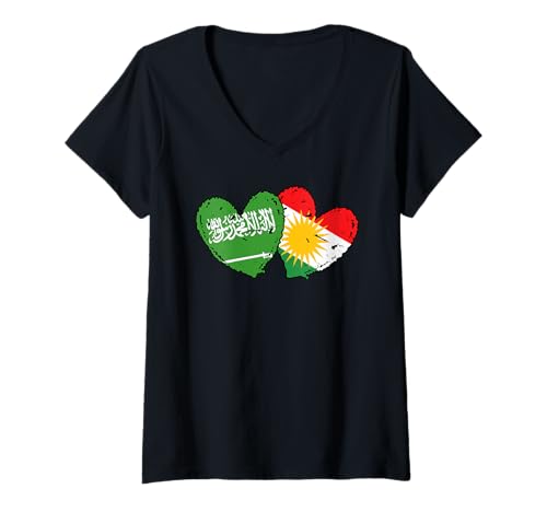 Damen Saudi-Arabien Kurdistan Herzflagge Saudi-Arabisch Kurdisch T-Shirt mit V-Ausschnitt von Kurdistan Flag Biji Kurdistan Proud Kurdish Roots