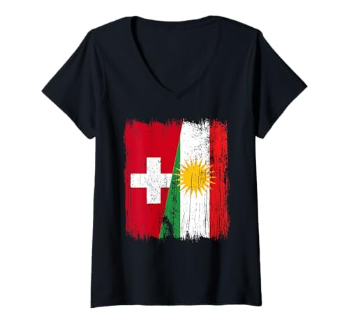 Damen Schweiz Kurdistan Halbflagge Schweiz Kurdisch Trikot T-Shirt mit V-Ausschnitt von Kurdistan Flag Biji Kurdistan Proud Kurdish Roots