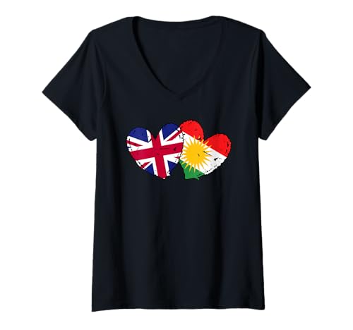 Damen UK Kurdistan Herzflagge British Kurdish Pride T-Shirt mit V-Ausschnitt Damen UK Kurdistan Herzflagge British Kurdish Pride T-Shirt mit V-Ausschnitt von Kurdistan Flag Biji Kurdistan Proud Kurdish Roots