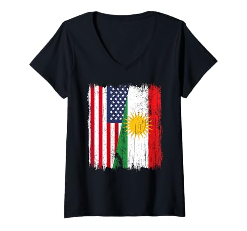 Damen USA Kurdistan Halbflagge Amerikanisches Kurdisches Trikot T-Shirt mit V-Ausschnitt Damen USA Kurdistan Halbflagge Amerikanisches Kurdisches Trikot T-Shirt mit V-Ausschnitt von Kurdistan Flag Biji Kurdistan Proud Kurdish Roots