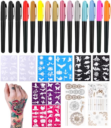 Tattoo Stifte Kinder,Temporäre Tattoos Stift für Die Haut,Kinderschminke Glitzer Tattoo Set, mit 15 Tattoo Stifte,10 Tattoo Schablonen und 2 Tattoo-Aufkleber,Kreativgeschenke für Kinder von Kureny