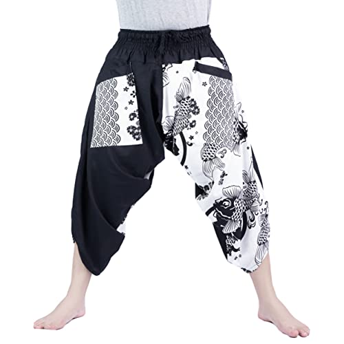 Kurop Saruel Hose Karpfenmuster Japanisches Muster Breite Hose Thai-Hose Aladinhose Tanzbekleidung Yoga Gaucho Herren Damen, Carp C, Einheitsgröße von Kurop