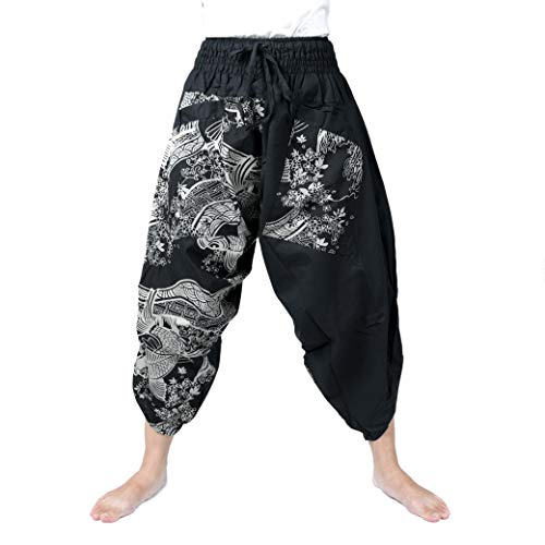 Kurop Saruel Pants Karpfen Muster Japanisches Muster Breite Hosen Thaihose Aladinhose Dancewear Yoga Gaucho Herren Damen - Schwarz - Einheitsgröße von Kurop