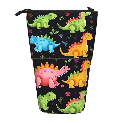 Buntes Federmäppchen mit niedlichem Tier-Dinosaurier-Druck, Stand-up-Federmäppchen, langlebig, Teleskop-Stifttasche, Make-up-Tasche für Bürobedarf, Schwarz , Einheitsgröße von Kururi