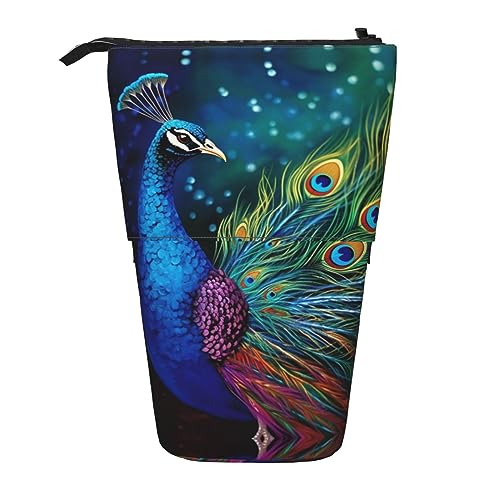 Farbiger Pfau-Druck-Bleistift-Beutel Stehen oben Bleistift Fall Dauerhafte Teleskop-Stift-Tasche Make-up Tasche Für Bürobedarf, Schwarz , Einheitsgröße, Modern von Kururi