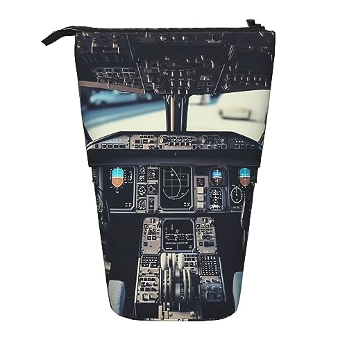 Flugzeug-Cockpit6-Druck-Bleistift-Beutel-Stand-Up-Bleistift-Kasten-dauerhafte Teleskop-Stift-Tasche Make-up-Tasche für Bürobedarf, Schwarz , Einheitsgröße, Kulturbeutel von Kururi