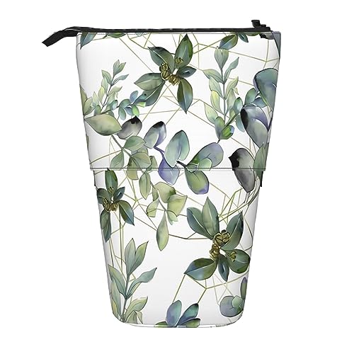 Grüne Eukalyptus Blätter Drucken Bleistift Beutel Stehen Bis Bleistift Fall Langlebig Teleskop Stift Tasche Make-up Tasche für Bürobedarf, Schwarz , Einheitsgröße, Kulturbeutel von Kururi