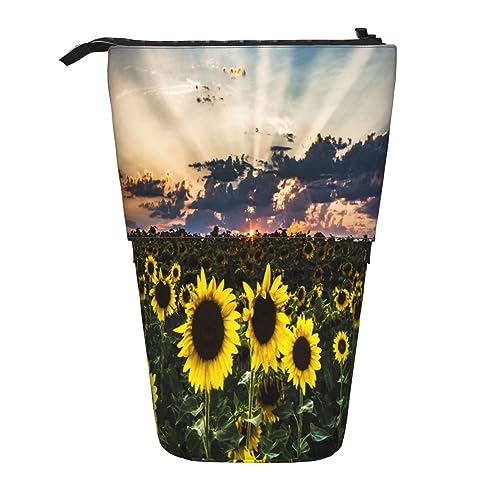 Sunflower Field Sunset Print Pencil Pouch Stand Up Pencil Case Durable Telescopic Pen Bag Makeup Bag for Office Supplies, Schwarz , Einheitsgröße, Kulturbeutel von Kururi