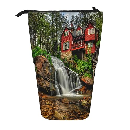 Wasserfall Chalet Print Bleistift Beutel Stehen Bis Bleistift Fall Langlebig Teleskop Stift Tasche Make-up Tasche für Bürobedarf, Schwarz , Einheitsgröße, Kulturbeutel von Kururi