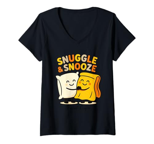 Damen Snuggle & Snooze Gemütliche Freunde Illustration T-Shirt mit V-Ausschnitt Damen Snuggle & Snooze Gemütliche Freunde Illustration T-Shirt mit V-Ausschnitt von Kuschelige Kissen Und Decken Für Gemütliche Nächte