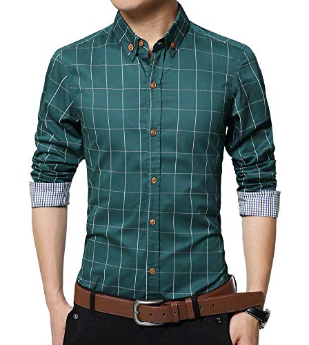 Kuson Herren Hemd Langarm Kariert Freizeit Hemd Baumwolle Button-down Grün XXL von Kuson