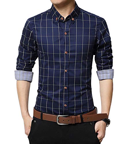 Kuson Hemd Herren Regular Fit Karohemd Langarm Kariert Bügelleicht Baumwolle mit Button-down, EU Größen: S Navyblau von Kuson