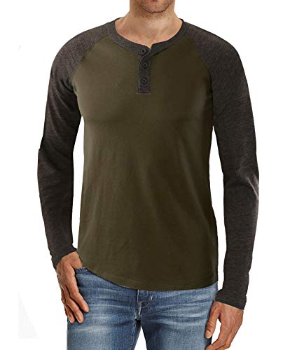 Kuson Herren Langarmshirt Henley Shirt Long Sleeve Shirt Men mit O-Ausschnitt Armee Grün XXL von Kuson